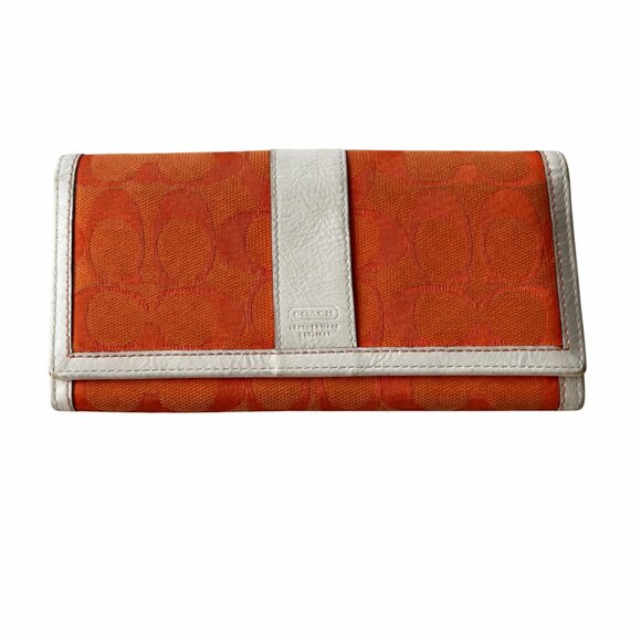 Coach Handbags - Coach Orange Signature Jacquard Trifold Wallet | Checkbook Clutch
